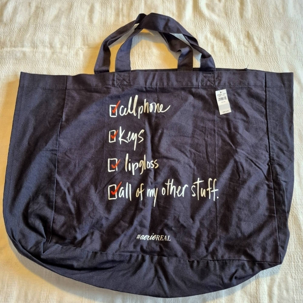 Aerie black large tote bag with fun checklist design, NWT